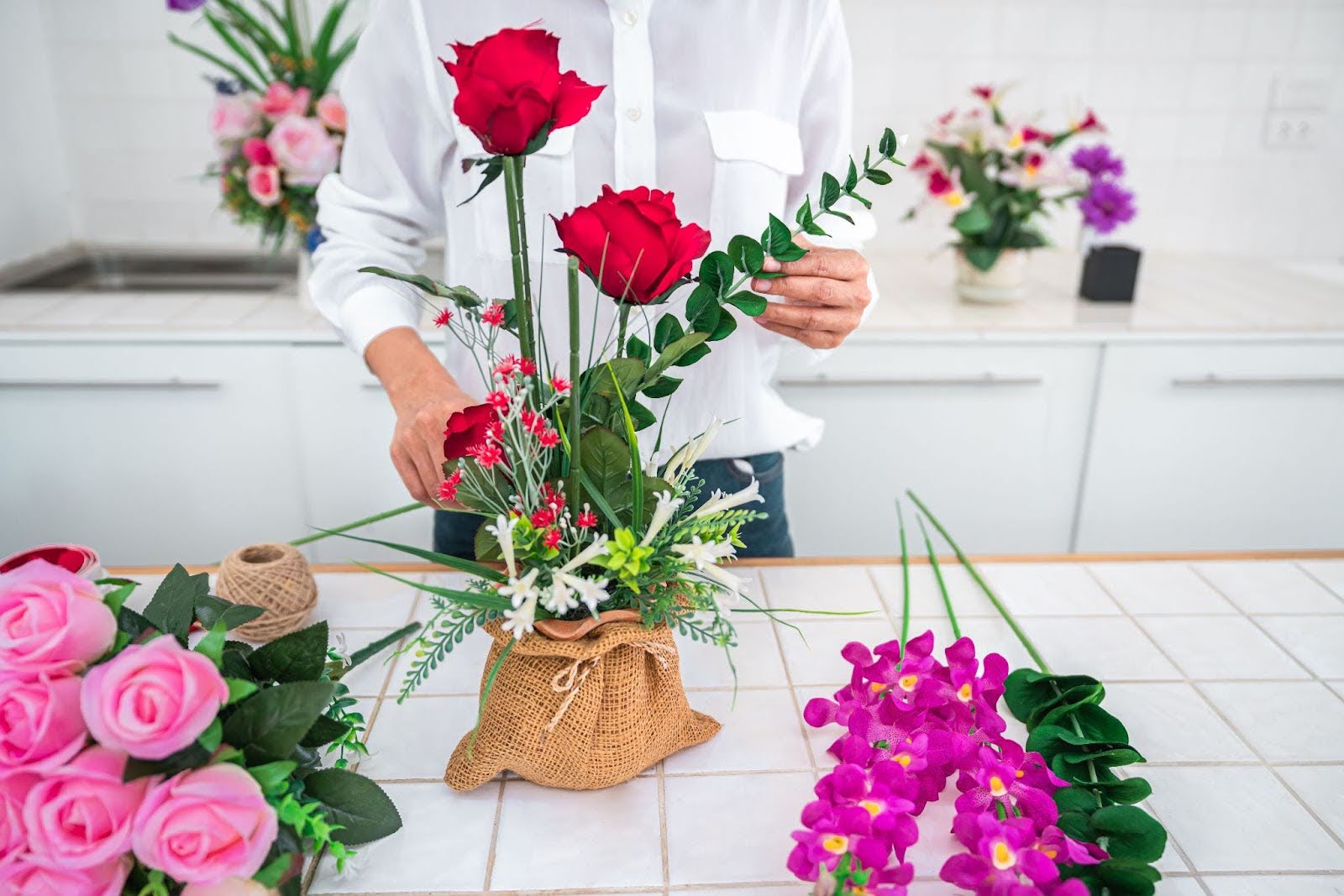 Fresh flowers being arranged for a gorgeous Mother's Day flower bouquet in Malaysia.